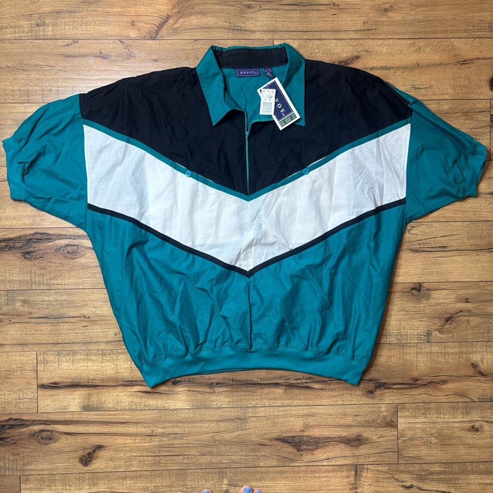 Vintage Envoy 90s Teal Black White Chevron Quarter Zip Polo Shirt Mens 3X NEW